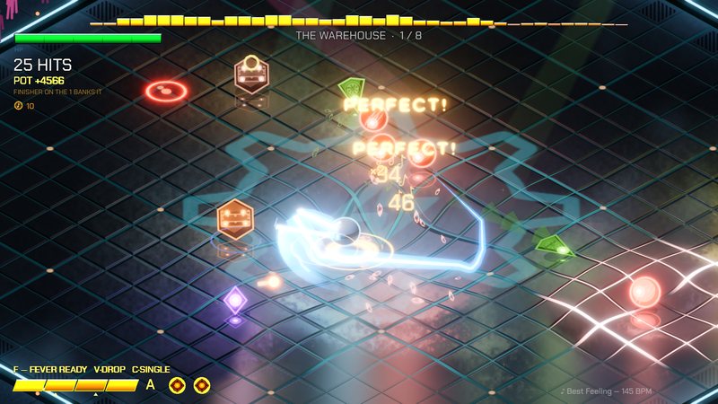 A blade swing cuts through a group of enemies in the Warehouse